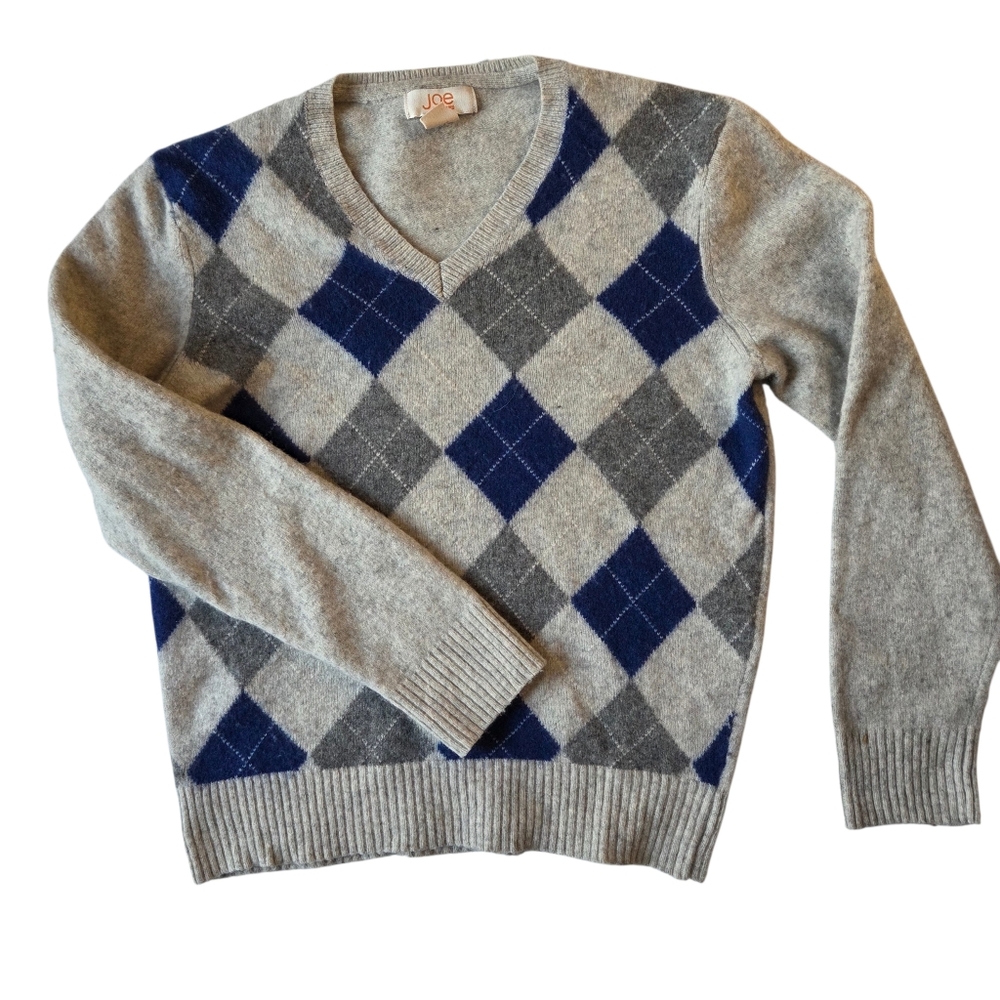 Joe Fresh Gray and Blue Argyle Sweater Lambswool Large 20in P2P